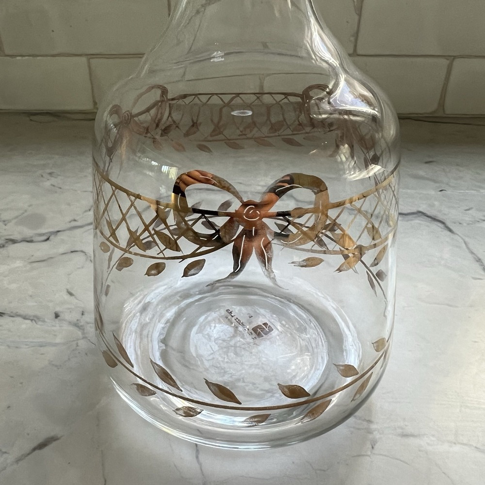 Vintage Glass Vase or decanter Hand Painted Gold Bow and leaf‎ Decoration - Picture 2 of 7